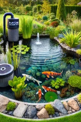 DALL·E 2025-03-03 16.14.03 – A well-maintained garden pond featuring high-quality Burtons Aquatics equipment. The pond has crystal-clear water, vibrant aquatic plants, and koi fis