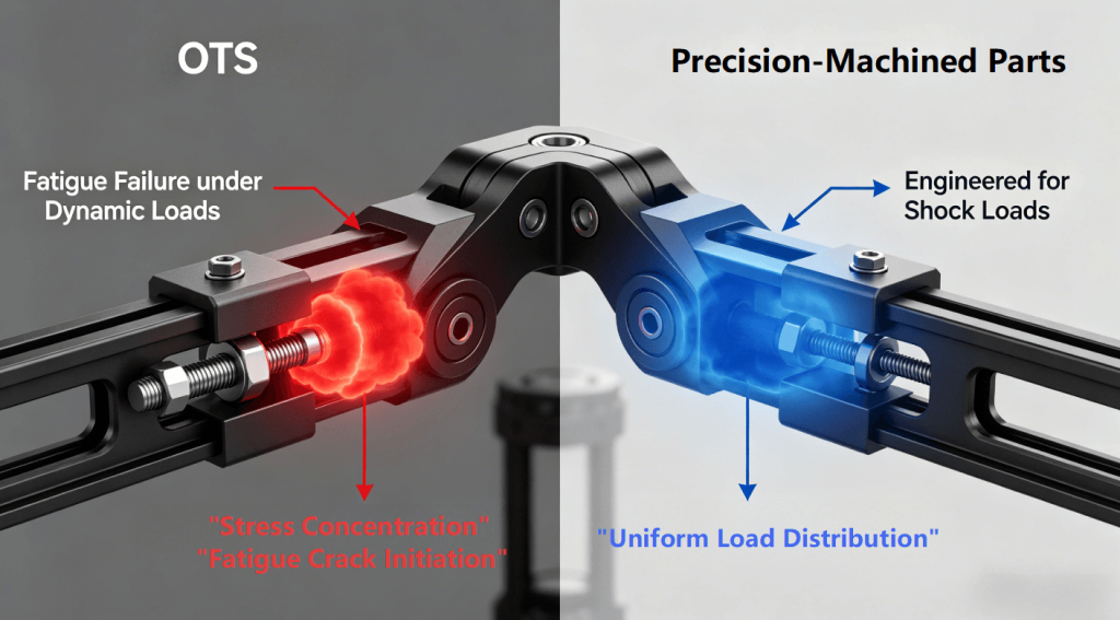 3D infographic comparing how a standard off-the-shelf part fails under the dynamic shock loads of filmmaking (stress concentration, fatigue) versus how a precision CNC machined part is engineered to distribute loads evenly, ensuring on-set reliability.

