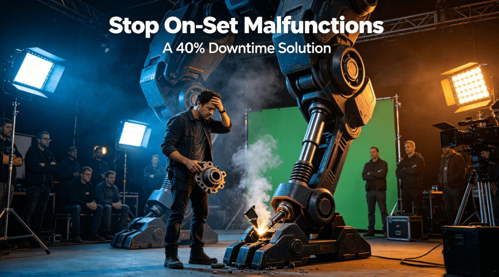 A film director or prop master stands frustrated beside a malfunctioning large sci-fi movie prop on a halted film set, with crew waiting, visually depicting the costly downtime caused by component failure.
