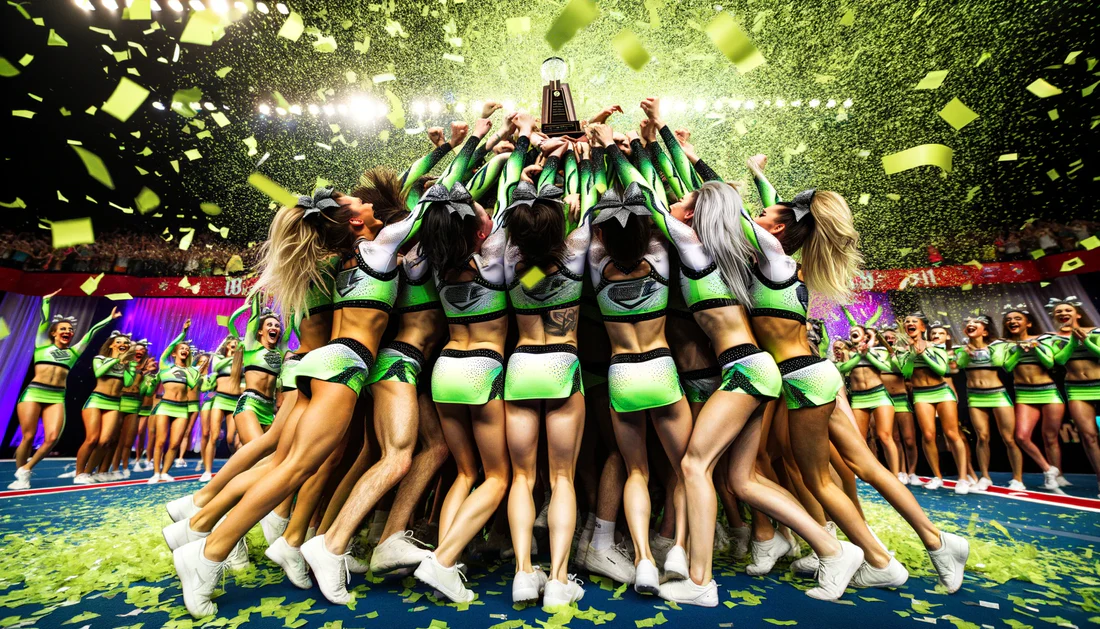 triumphant moment of a cheer team celebrating a successful performance